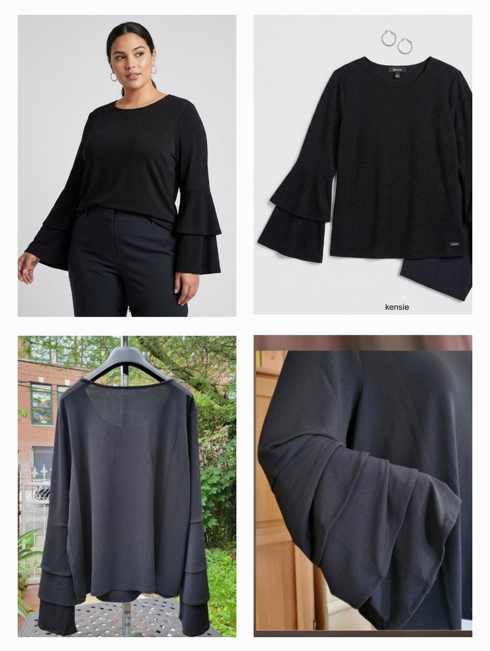 kensie Black Long-Sleeve Tiered Bell-Sleeve Top